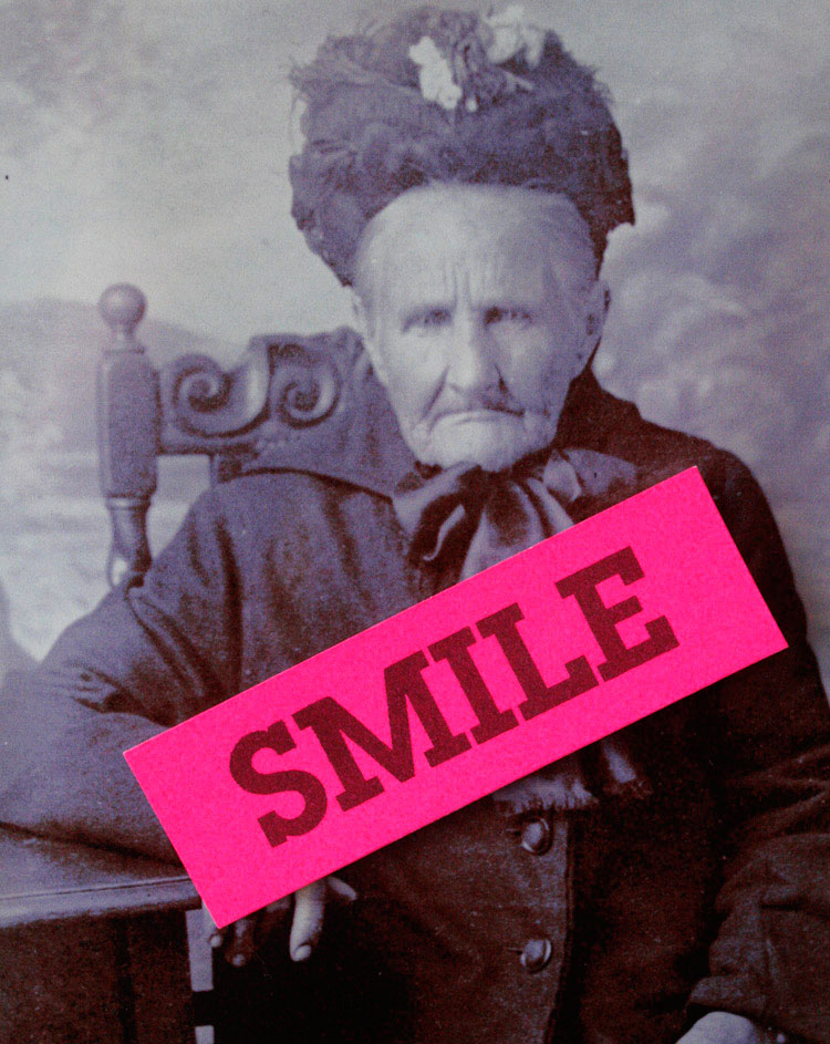 the word smile superimposed on a non-smiling woman
