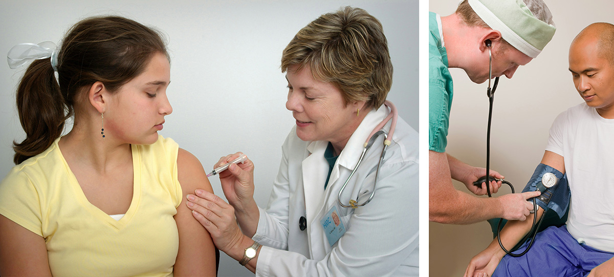 doctors providing a vaccine and measure blood pressure.