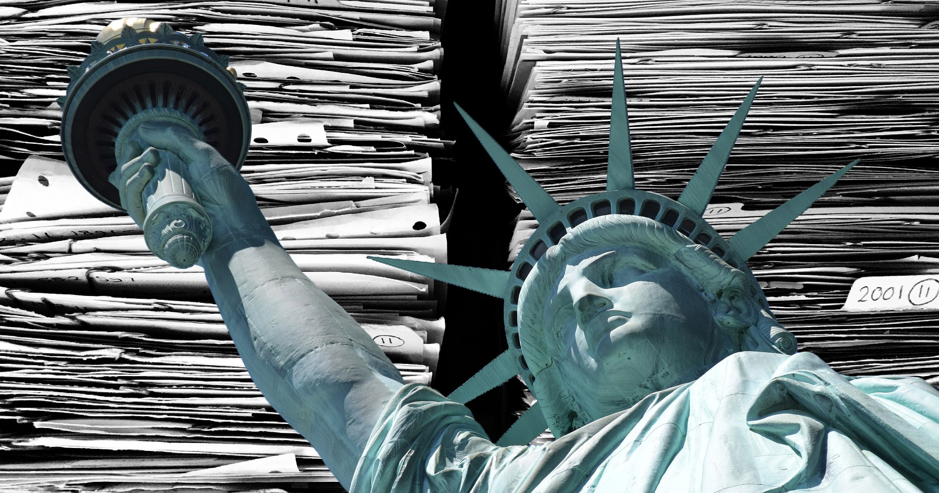 Statue of Liberty with stacks of paperwork.