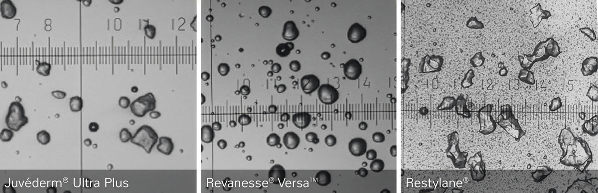 对比皮肤填充剂与 Versa,清晰显示其颗粒更呈球形。