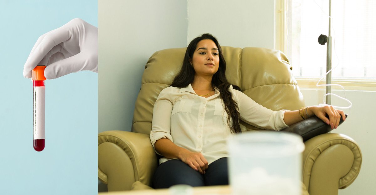 a gloved hand holds a vial with blood; a female patient receives IV therapy.