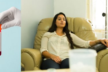 vial of blood; patient receiving IV therapy.