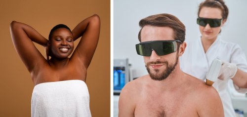 smiling woman with hairless armpits, man receiving back laser treatment.