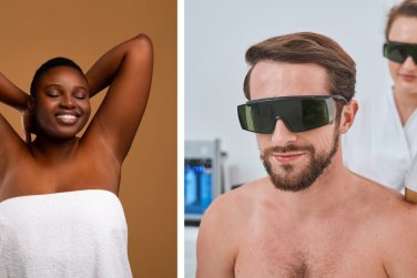 smiling woman with hairless armpits, man receiving back laser treatment.